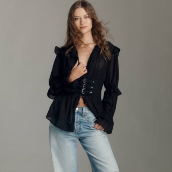 Anthropologie Long-Sleeve Sheer Corset Blouse black size xxs - Picture 4 of 7